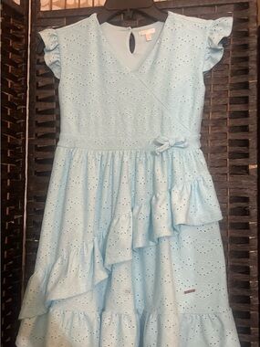 Girls' Light Blue Eyelet Ruffle Dress with Side Bow
